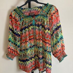 EUC Cowgirl Up Top Colorful Western Tie Dye Look Bejeweled Sheer Blouse Medium